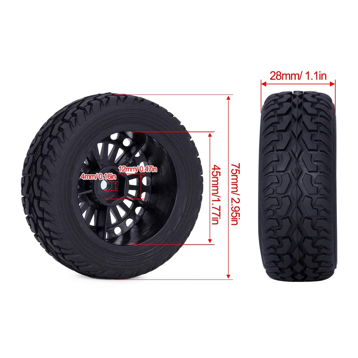 4Pcs Rally Tires & Wheels For 1:10 RC Car - 12mm Hex Fit HSP, HPI Off-Road RC