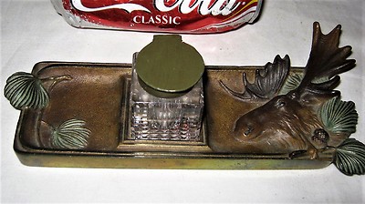 ANTIQUE CJO JUDD USA CAST IRON MOOSE GUN ANTLER INKWELL DESK ART TRAY PEN HOLDER