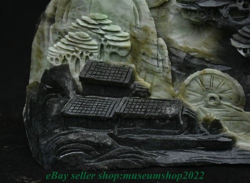 8.8" Chinese Natural Dushan Jade Carved Mountain Tree House Waterwheel Statue - Picture 4 of 11