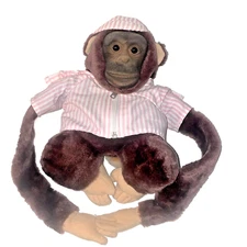 Monkey Chimp Hand Puppet Plush Jacket Hat Pink Stripes Squeaks Connecting Arms *