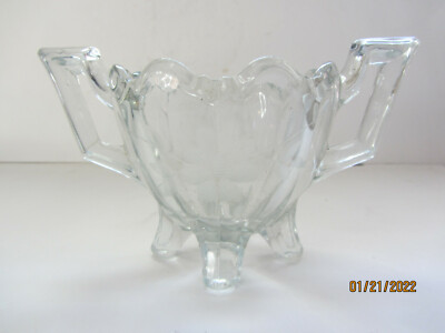 VINTAGE CUT PRESSED GLASS FLOWER DESIGN OPEN 2 HANDLES SUGAR BOWL