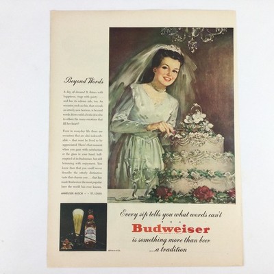 1946 Budweiser Beer Bride ORIGINAL VINTAGE PRINT AD Wedding Cake Reception Party