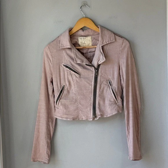 Chaqueta Free People Slub Rosa Lavanda Lino Recortada Moto Cremallera Talla 2 Foto 3 de 4
