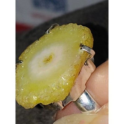 R667 Sterling Silver 925 Ring Solar Quartz Slice Yellow Artisan Boho Sz 6.5