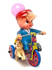 Vintage BOY  DOG Riding Tin Windup Tricycle Toy w/ Revolving Bell - WORKS