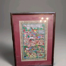 Vintage Mexican Amate Painting Framed 29x21 Folk Art Scene Of Small Town Life. 
