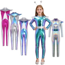 US Girls Metallic Alien Costume Cap Sleeve Jumpsuit Halloween Outerspace Cosplay