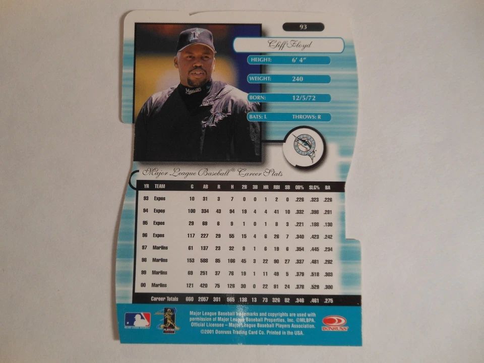 2001 Donruss Elite Status Клифф Флойд SSP 6/30 карта 93 Редкие штампованные Marlins - Изображение 4 из 4