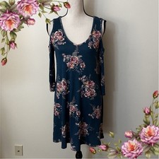Teal color floral v-neck long sleeve cold shoulder a-line style sweater dress