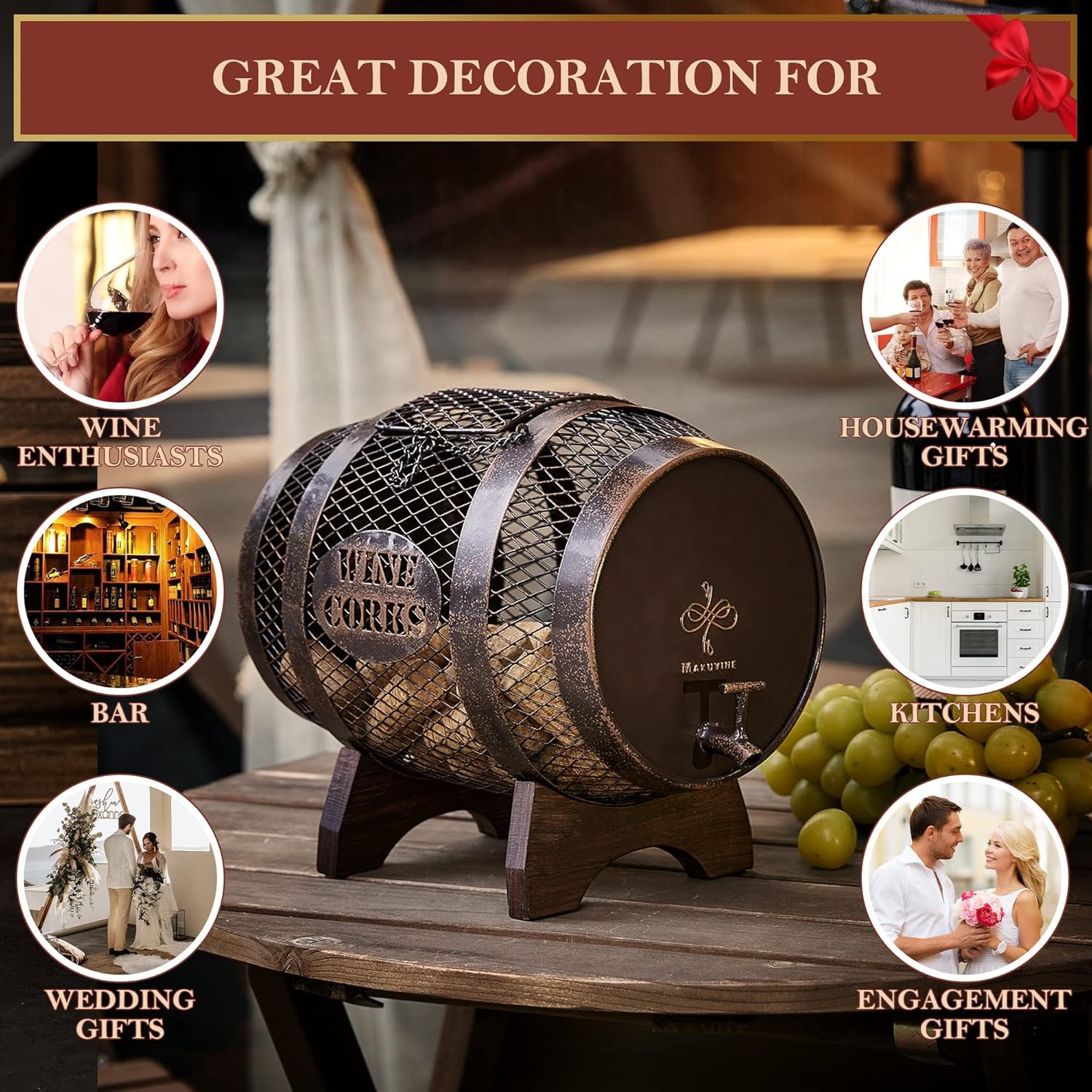 Rustic Metal Large Barrel Wine Cork Holder Display On Wooden Stand, Container fo