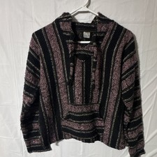 Black Purple Striped Mexican Baja Pullover Hoodie Women's L Fringe Boho