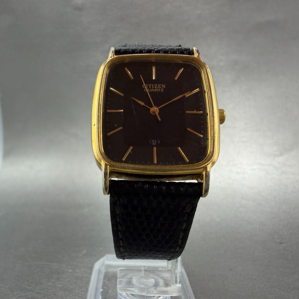 Citizen Tank Watch Men 27mm Black Dial Gold Tone Date Rectangle