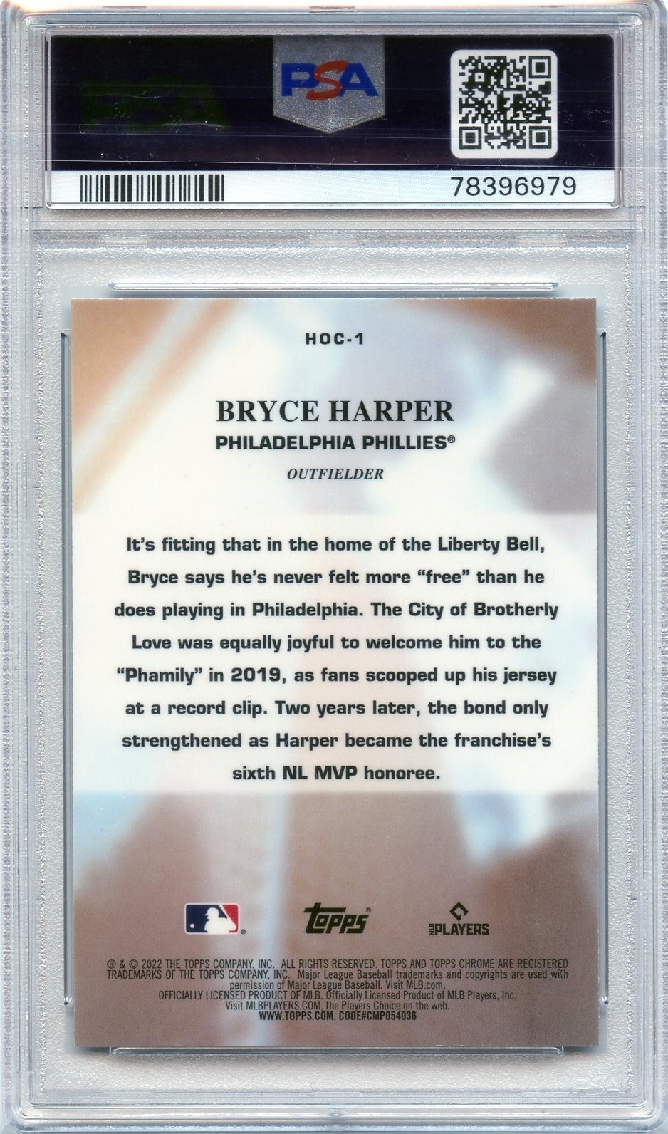 *BRYCE HARPER* #HOC1 Base  *PSA 10 GEM MINT! 2022 Topps Chrome HEART OF THE CITY view 4