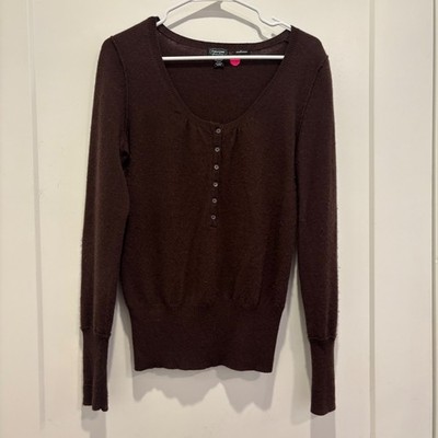 Maurices Fine Line Brown 100% Cashmere Henley Sweater Scoop Neck Womens Medium