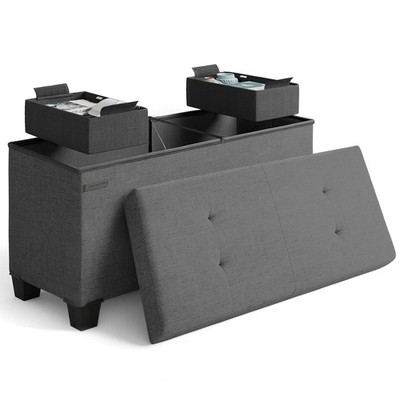 STORAGEBUD Storage Ottoman Bench with Bins, 30-in, Max 660lbs, Fabric, Grey
