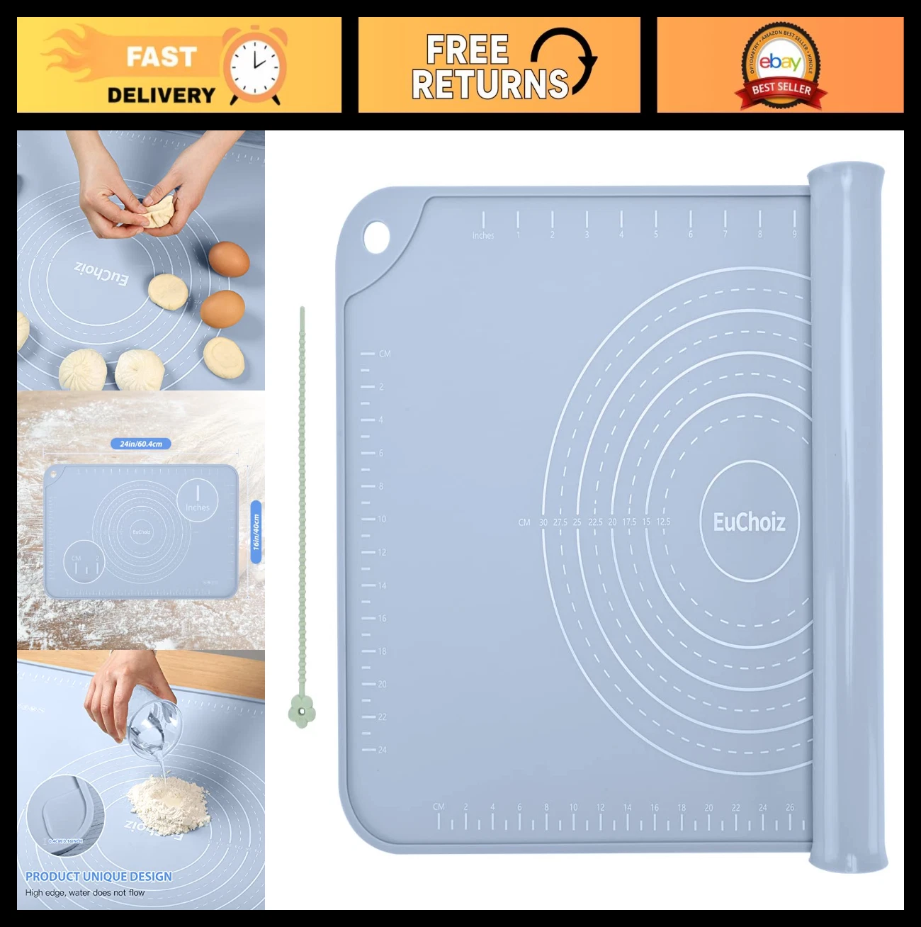 Extra Thick Silicone Pastry Mat 24"x16" Non-Stick Baking Mat for Dough Rolling,