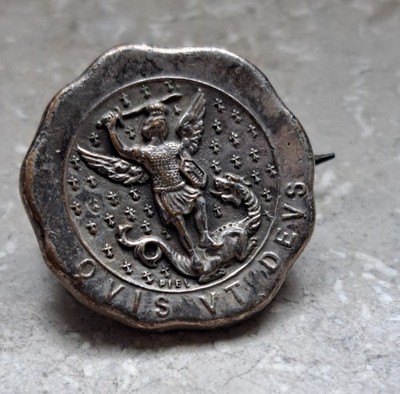 Antique Saint Michael Brooch   ''Quis Ut Deus'', Silver-Plated, Rare Anchor...