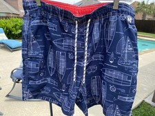 Lands End Mens Swim Trunks Sailing Ships 32 34 w/ Mesh Lining Drawstring