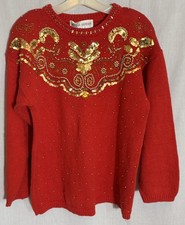 Vintage '80's Y2K Victoria Harbour Red Sequin Beaded Christmas Sweater Medium