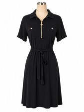 Anne Klein Black Sleeveless Midi Shift Dress Sz 14 Gold Logo Half Zip Career