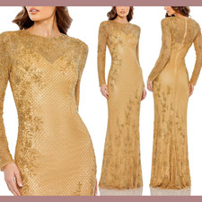NWT $698 Mac Duggal [ 4 ] 5504 Floral Long Sleeve Embellished Gown in Gold S1231