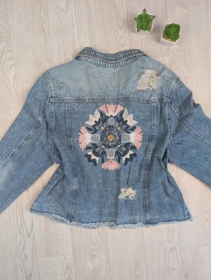 Y2K Vintage Bebe Denim Jacket - Distressed & Heavily Embellished - UK 10-12