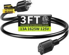 3FT 13A 125V 1625W ETL Listed，16/3 Indoor Extension Cord Black，Short Extension C