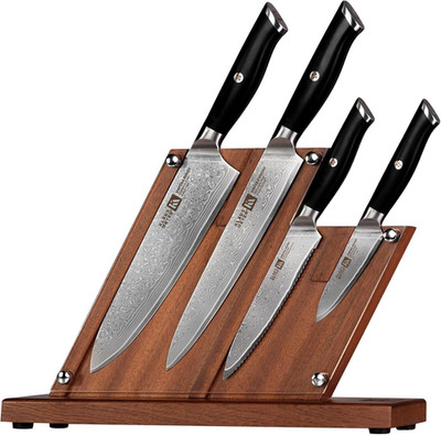Klaus Meyer 5 Piece Damascus Knife Block Set, 67-Layer High Carbon Damascus Stee