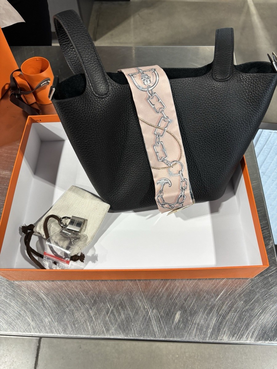 Hermès Picotin Lock 18 Black Clemence Leather Bag w/ Twilly Scarf