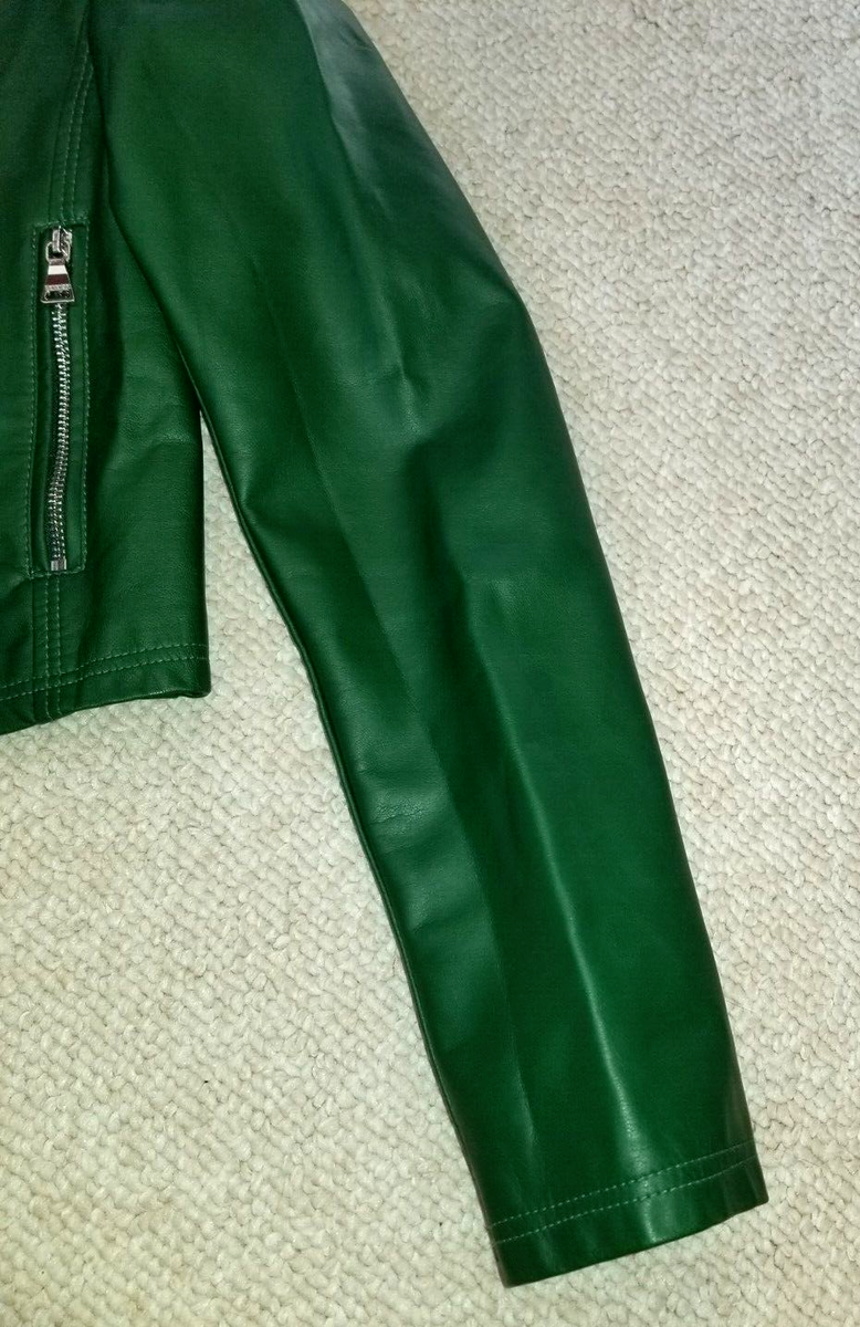 Womens Jacket-EXPRESS-green faux Leather Biker lined offset