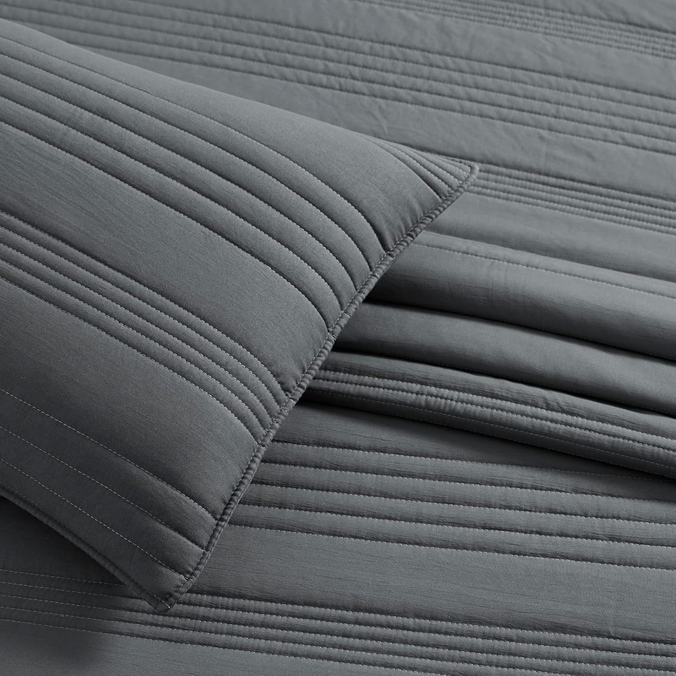 Dark Grey Quilt King Size Summer Soft Lightweight Microfiber Striped