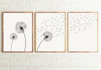 Set of 3 Dandelion Black&White Floral Art Prints. Great Minimalist Decor