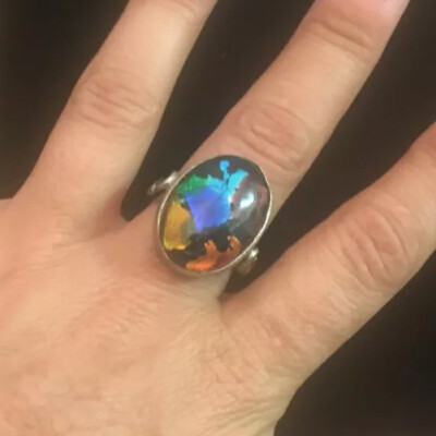 *SIGNED* Dichroic Glass Rainbow Mosaic Oval Cocktail / Statement Ring - Size 8