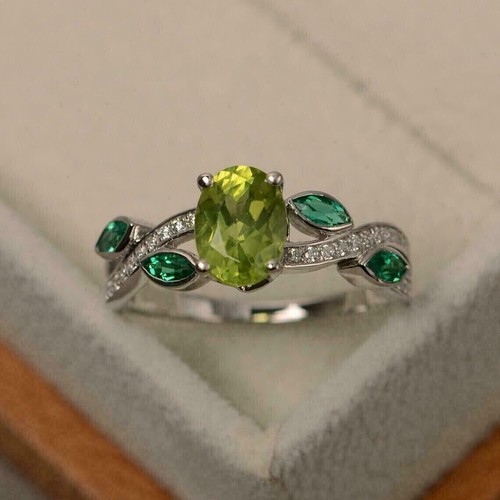 2 Ct Oval Cut Lab -Created Peridot Engagement Women's Ring 14K White Gold Plated - Picture 2 of 5