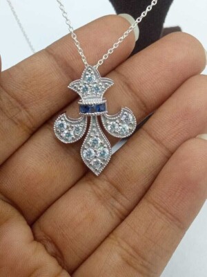 Princess Cut Simulated Blue Sapphire Fleur De Lis Pendant 14k White Gold Plated