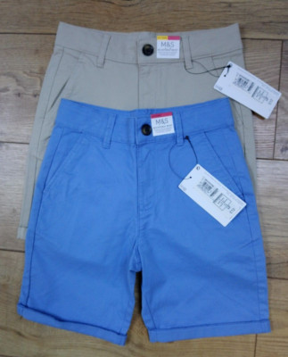 M&S 2er Pack 2er Pack Stone & Blue Cotton Rich Adjustable Waist Chino SHORTS 8 - 9 Jahre