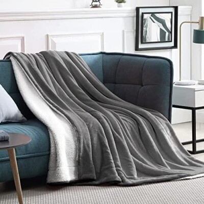 212 Walensee Ash Grey Sherpa Fleece Throw Blanket 50 x60 Plush Soft