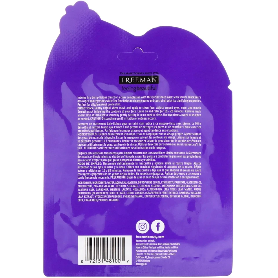 Máscara de hoja Freeman árbol de té de limpieza profunda + mora 0,84 OZ juego de 6 Foto 4 de 4