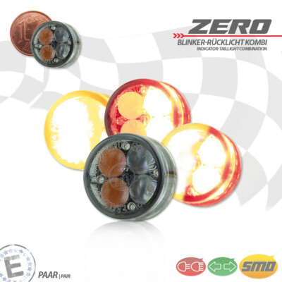 3in1 SMD Einbaublinker Rücklicht Bremslicht Zero Glas getönt E-geprüft d16x8,5mm