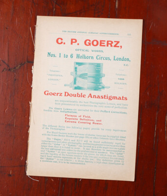 CP GOERZ  AD FROM  BRITISH JOURNAL PHOTOGRAPHIC ALMANAC CA 1910/cks/215849