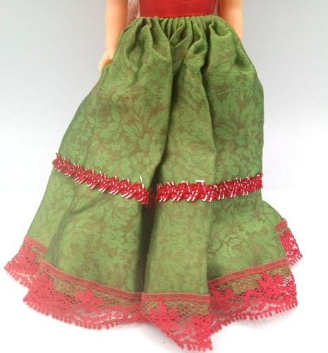 Tocado de cinta vestido folclórico rojo verde muñeca recuerdo ojo dormido vintage 7,5 pulgadas - Imagen 7 de 15