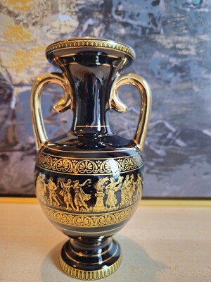 Vintage I. Spyropoulos Hand Made Greece 24K Gold Black Vase Greek Mythology 