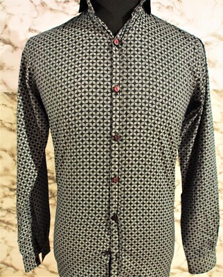 MEN'S ZARA, SLIM FIT LONG SLEEVE SHIRT, NAVY WHITE GEOMETRIC