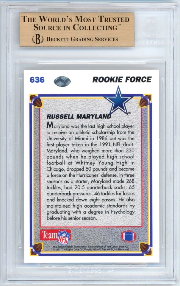 Russell Maryland BGS 9.5: 1991 Upper Deck RF Rookie Year Card Gisto POP 3 - Image 2 of 4