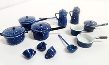 Dollhouse Miniatures Blue Speckled Enamel Pots Pans Cups 18 Pcs Kitchenware