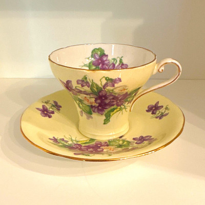 Aynsley Bone China Floral Tea Cup & Saucer Set, Cream Purple Green, England