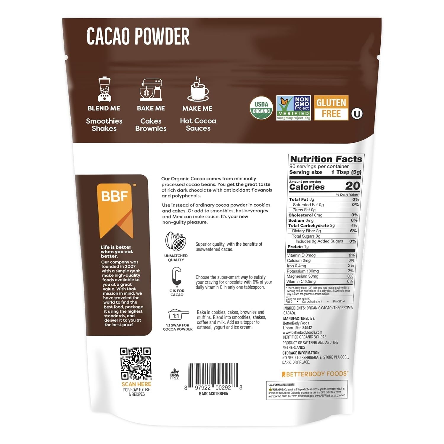BetterBody Foods Organic Cacao Powder, Gluten-Free, 16 oz