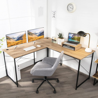 L-Shaped Reversible Desk with Monitor Stand for 2 Person Gaming & Study