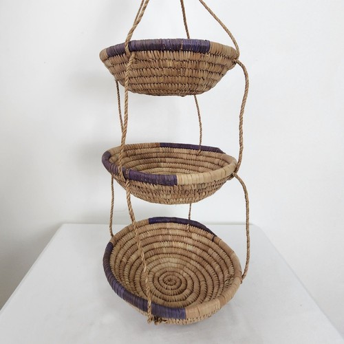 African Handwoven Sisal Hanging 3 Tier Fruit Basket Neutral Boho Earthy Kitchen - Picture 2 of 12
