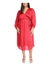 MICHAEL MICHAEL KORS Womens Red 3/4 Sleeve Midi Wrap Dress Plus 2X